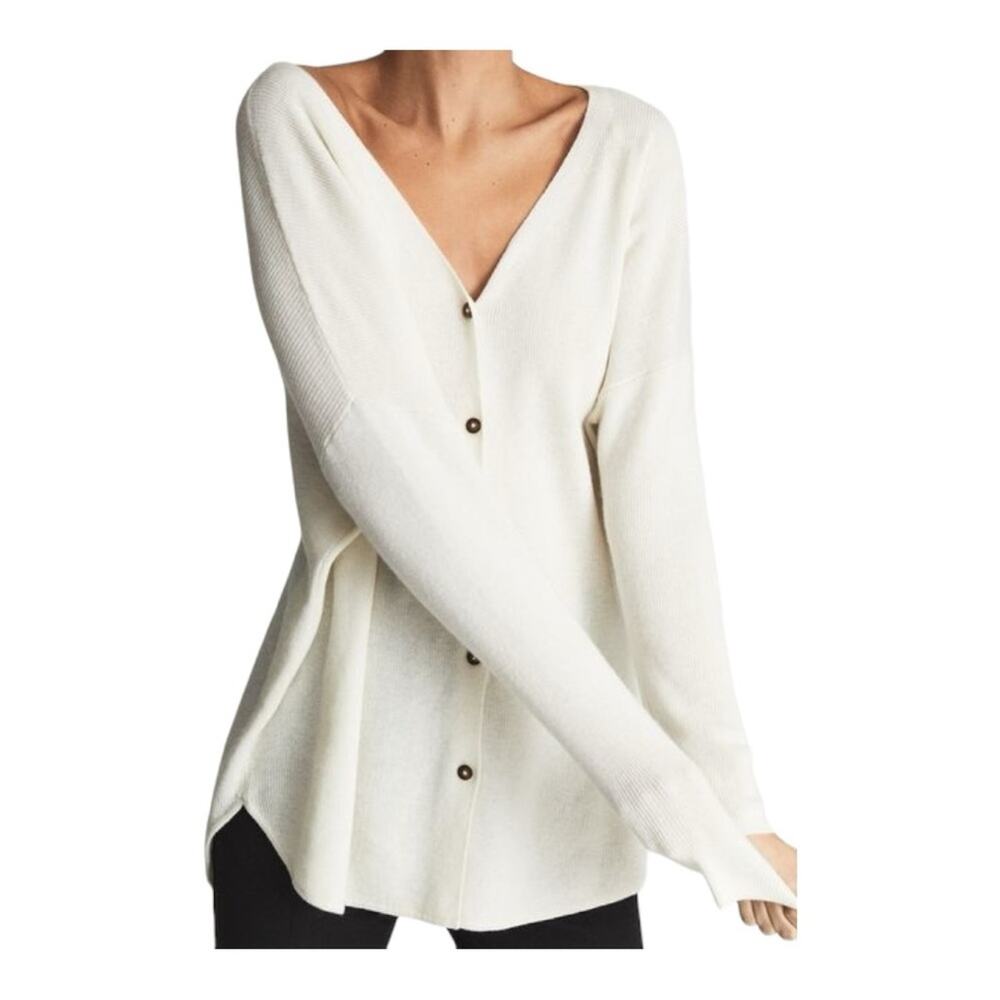 Reiss Sadie Alpaca Wool Blend Longline Button Front Cardigan Cream XL